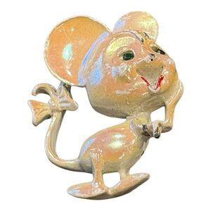 Vintage Enamel Mouse Brooch Green Eyes Cream Iridescent Mid-Century J18